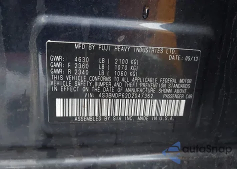 2013 Subaru Legacy 3.6R Limited z USA, uszkodzony, nr VIN 4S3BMDP62D2047362